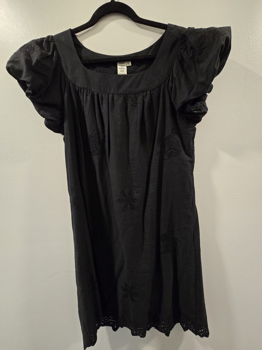 100% Cotton Max Studio Black Cotton Eyelet Flutter Sleeve Mini Dress Size L